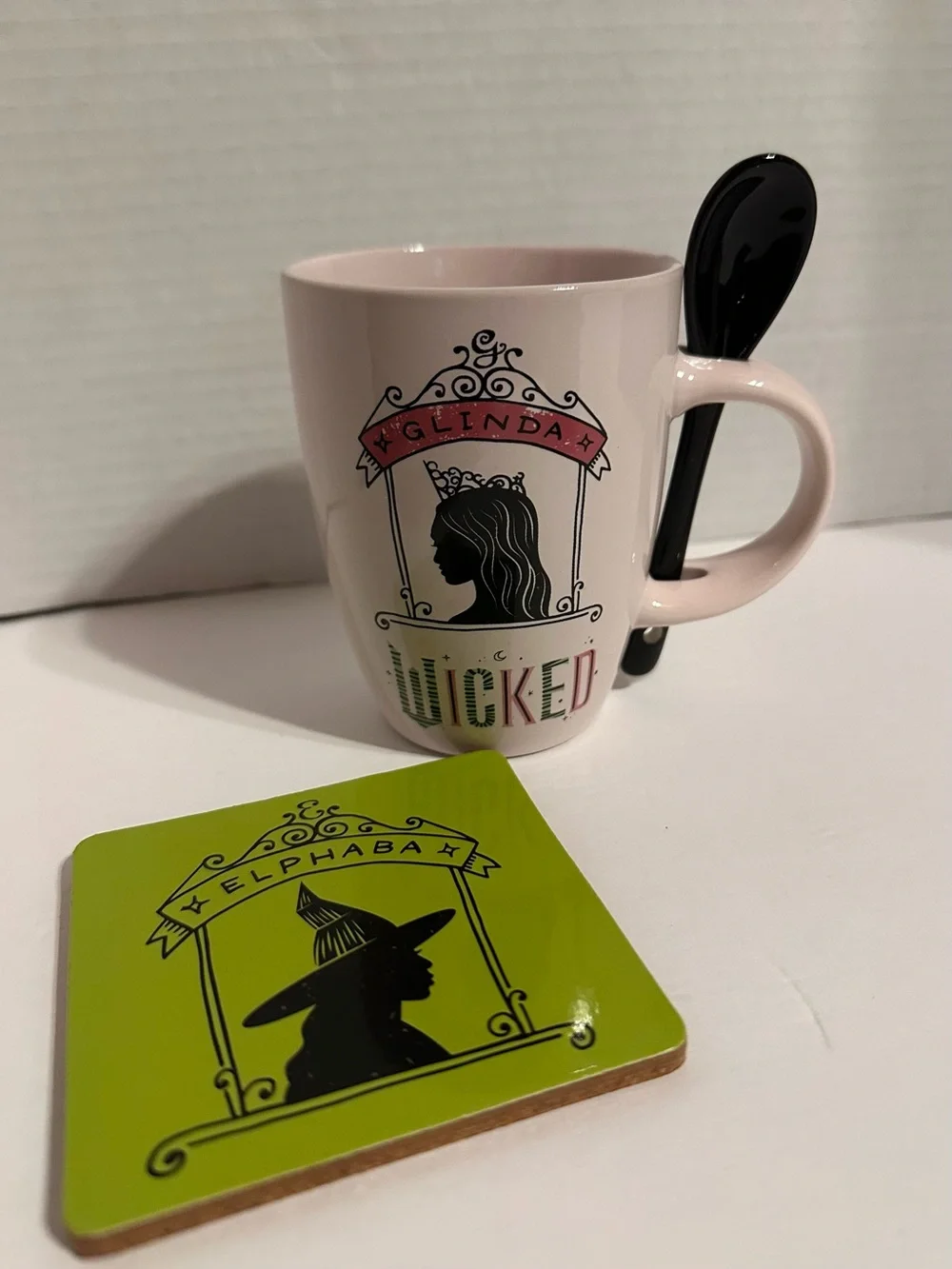 Pink Wicked Themed Ceramic Mug with Black Spoon